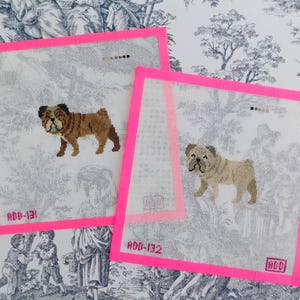 Bulldog Handpainted Needlepoint Canvas, Georgia, Mississippi State Mascots, tan bulldog, white bulldog, football university, dogs, dawgs