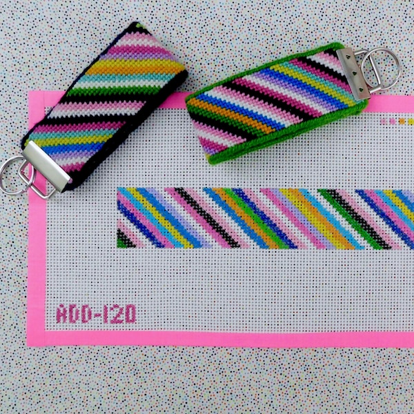 Rainbow Stripe Key Fob Handpainted Needlepoint Canvas, keychain