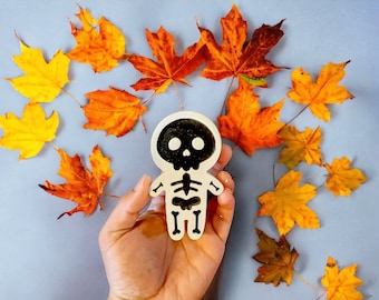 Handcrafted 4.5 Inch Wooden Skeleton Decoration - Fall Vibes - Scary - Rustic Halloween - Wooden Fall or Autumn Decor - Farmhouse - Chic