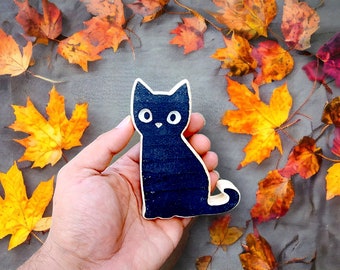 Handcrafted 4.5 Inch Wooden Cat Decoration - Fall Vibes - Scary - Rustic Halloween - Wooden Fall or Autumn Decor - Farmhouse - Chic