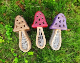 Colored Handcrafted Mushroom Mason Bee Hotel - A home for your mason bees - Whimsical, fairy, Cottage Core - Purple, Red, Brown