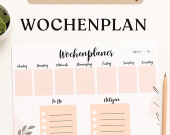 Puede incluir: Un planificador semanal imprimible con el título "Wochenplan" en negro. El planificador incluye secciones para cada día de la semana, listas de tareas y notas. El texto "PDF ZUM AUSDRUCKEN" y "A4 FORMAT ZUM AUSDRUCKEN" también son visibles.