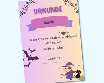 Witches Treasure Hunt Certificates Children's Birthday - PDF to print