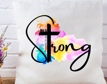 18" White Linen Burlap Pillow - She is Strong Proverbs 31:25