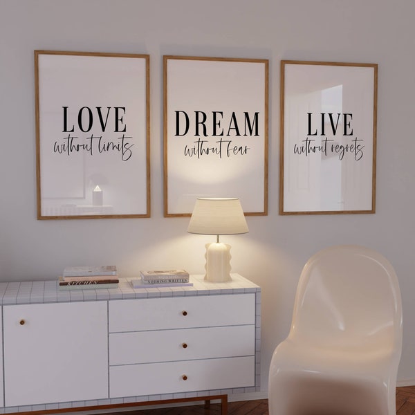 Ensemble de 3 tirages, Love Dream Live Wall Art, Art imprimable, Citation art mural, Décoration d'intérieur, Décor de salon, Idées de mur de couloir, Instant Digital