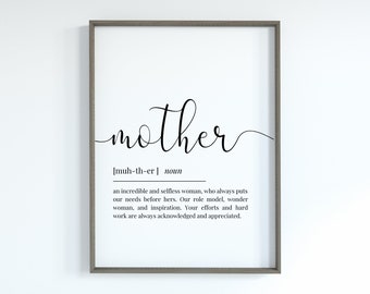 May include: A printable wall art design with the word "mother" in a cursive font and a definition of the word below. The definition reads: "an incredible and selfless woman, who always puts our needs before hers. Our role model, wonder woman, and inspiration. Your efforts and hard work are always acknowledged and appreciated."