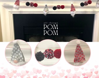 Gnome and Pom Pom Garland -  Hearts Garland - Pom Pom  Garland