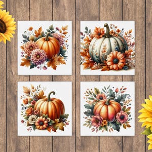 Op de afbeelding: Vier vierkante muurkunstprints met herfstthema's. Elke print toont een centrale pompoen omringd door herfstbladeren en bloemen in tinten oranje, geel en gedempt groen, geplaatst tegen een witte achtergrond.