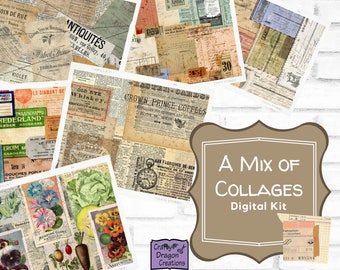 May include: A digital collage kit featuring a mix of vintage paper textures, including newspaper clippings, advertisements, and labels. The kit includes a variety of colours and patterns, such as brown, white, blue, and green. The text "A Mix of Collages Digital Kit" is displayed in a brown frame.
