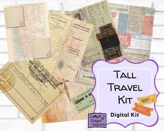 Tall Travel junk journal kit, Printable Digital