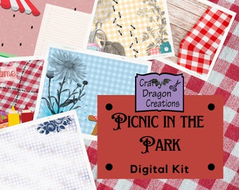 May include: A digital kit for crafting with a red background and the text "Crafty Dragon Creations Picnic in the Park Digital Kit". The kit includes images of a red and white checkered tablecloth, a blue and white checkered tablecloth, a floral pattern, a watermelon, and ants on a yellow and white checkered tablecloth.