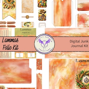 May include: A Lammas folio and digital junk journal kit featuring orange and gold watercolor textures, harvest-themed illustrations including a sunflower, wheat wreath, and corn dolly, with text labels like Lammas, August 1st, and Sun Wheel.