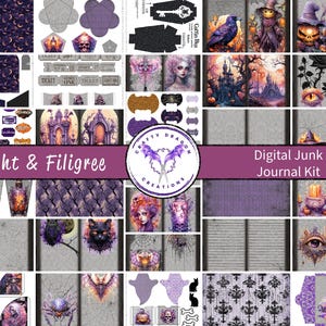 May include: A digital junk journal kit with a Halloween theme. The kit includes various printable elements such as tags, envelopes, and decorative papers. The color palette features shades of purple, black, and gray, with spooky illustrations and the text "Fright & Filigree".