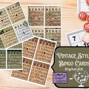 Vintage Style Bingo Cards, Printable Digital