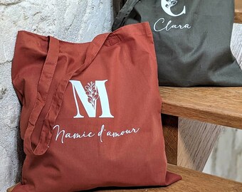 Tote Bag Personnalisé avec initiale en Lettre Florale - Sac Fourre-Tout Prénom - Sac tissu léger - Totebag personnalisable cadeau infirmière