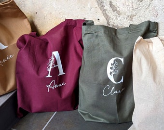 Tote Bag Personnalisé en Coton avec Lettre Florale - Sac Fourre-Tout Initiale Prénom - Sac tissu léger - Totebag personnalisable prénom