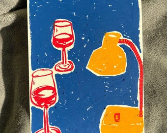 Original oil pastel drawing wine and lamp