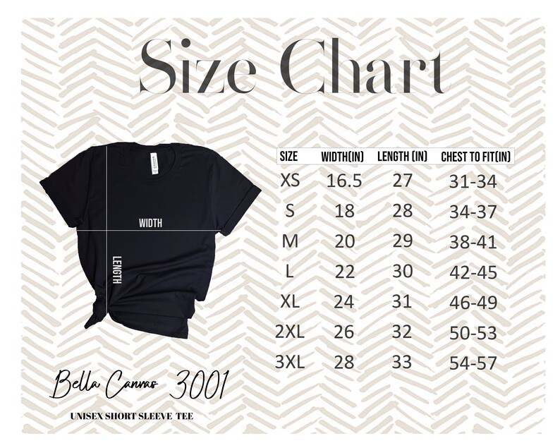 Puede incluir: Una camiseta negra unisex de manga corta con una tabla de tallas. La tabla enumera las tallas XS a 3XL, con medidas de ancho, largo y contorno de pecho en pulgadas. La camiseta es Bella Canvas 3001.