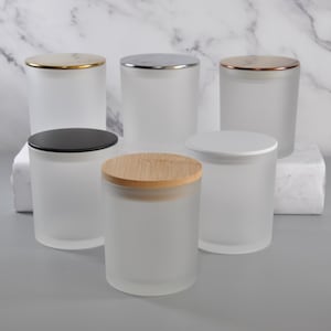 10oz Empty Clear Frosted Candle Glass with Bamboo or Flat Top Metal Lid & Gift Box