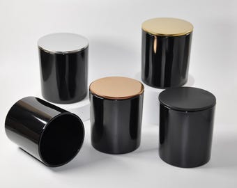 Vaso para velas de 283 ml (10 oz) en color negro brillante con tapa y caja de regalo.