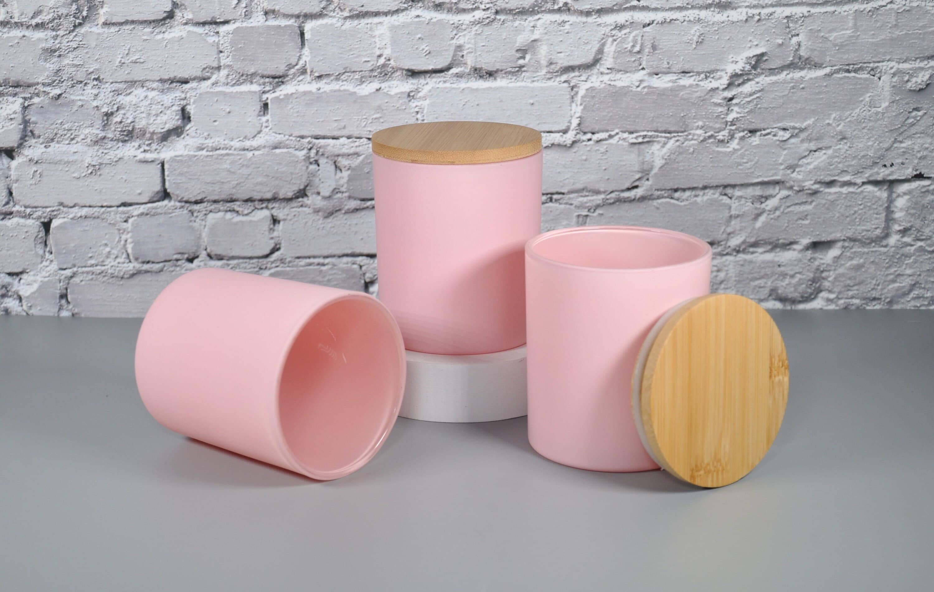 10oz Empty Matte Blush Pink Frosted Candle Glass With Bamboo Lid