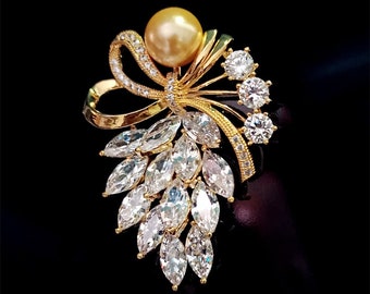 Grape Brooch Gold Pearl Golden Grapes Diamond Grapes Brooch AAAAA Cubic Zirconia | 18k Gold Plated | Couture Cocktail Brooch