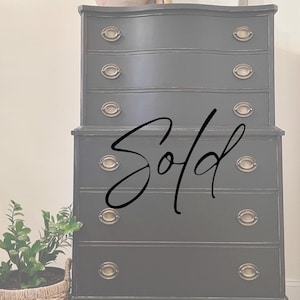 SOLD OUT | Tall Hepplewhite Dresser. Vintage Black Chest of Drawers. Distressed Antique Gentleman’s Chest. Bowfront Drawers. Bedroom