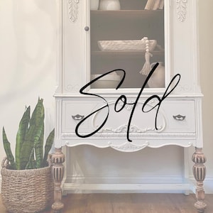 SOLD OUT | White Antique Jacobean Cabinet Hutch. Linen Closet. Liquor. Vintage Curio. Farmhouse. Bathroom. Dining. Modern. Accent. Boho