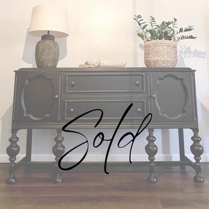 SOLD OUT |  Black Buffet. Antique Jacobean Sideboard. Distressed Server. Moody Goth. Vintage Dresser. Entryway Table. Dining. Accent