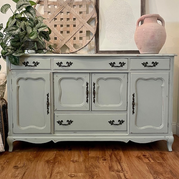 SOLD OUT | Vintage French Provincial Buffet Sideboard. Green Distressed Chippy Server. Credenza Console Table. Boho Foyer. Entryway
