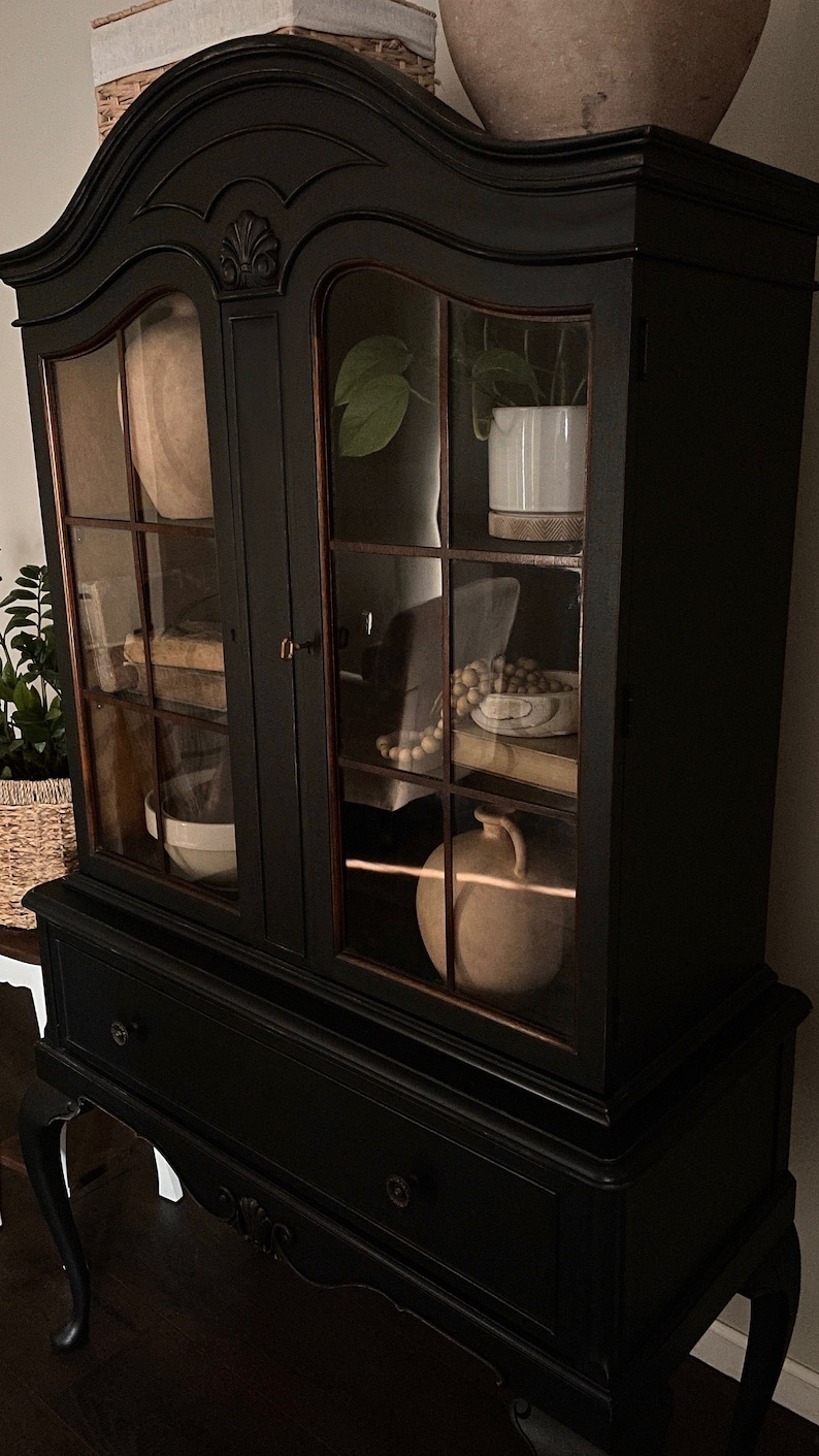 SOLD OUT | Antique China Cabinet. Vintage Hutch. Black Arched Linen ...