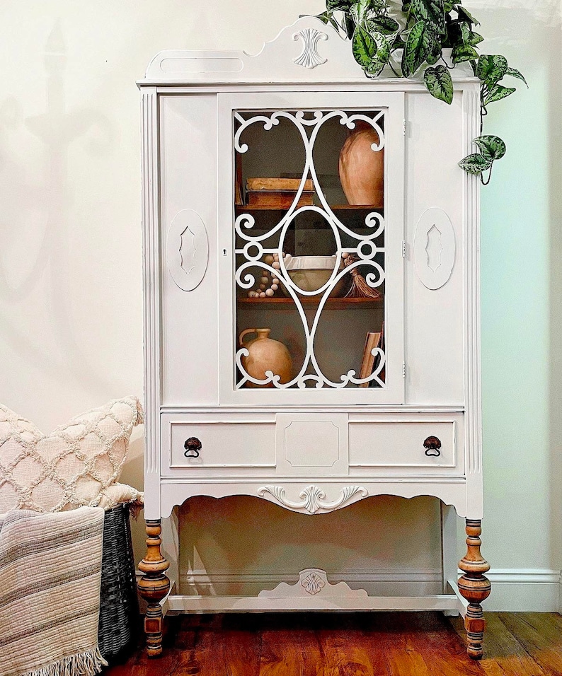 SOLD OUT White Distressed Antique Jacobean Hutch. China Vintage. Curio. Farmhouse