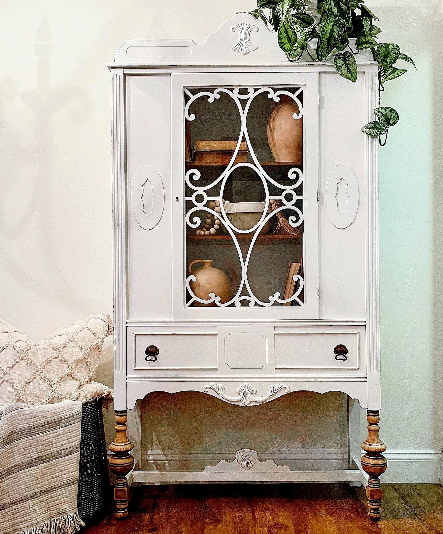 Distressed white china cabinet discount