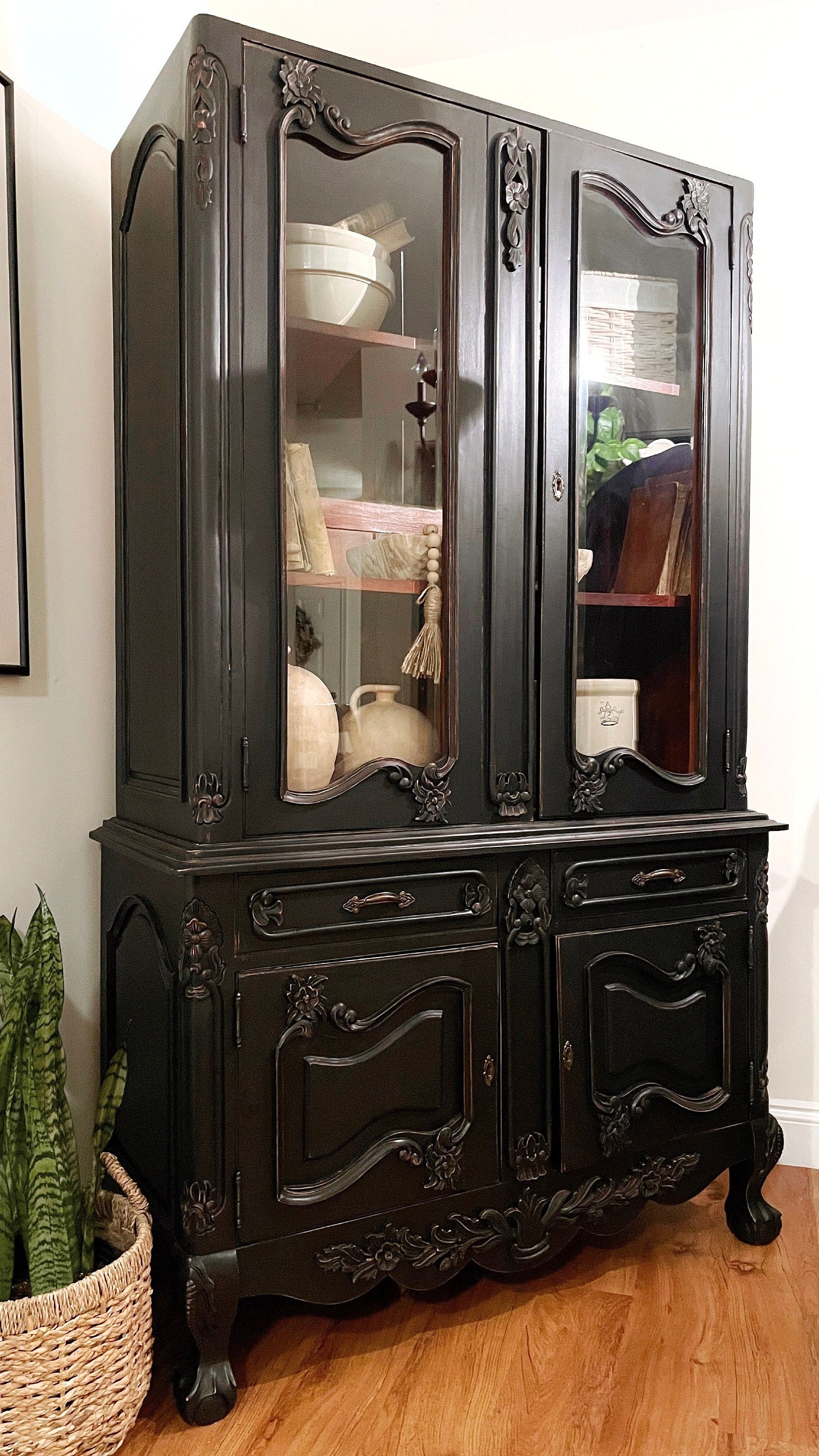 SOLD OUT Black China Hutch With Glass Doors and Claw Etsy