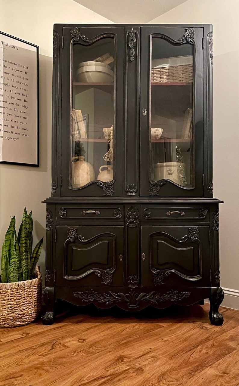 SOLD OUT Black China Hutch With Glass Doors and Claw Etsy