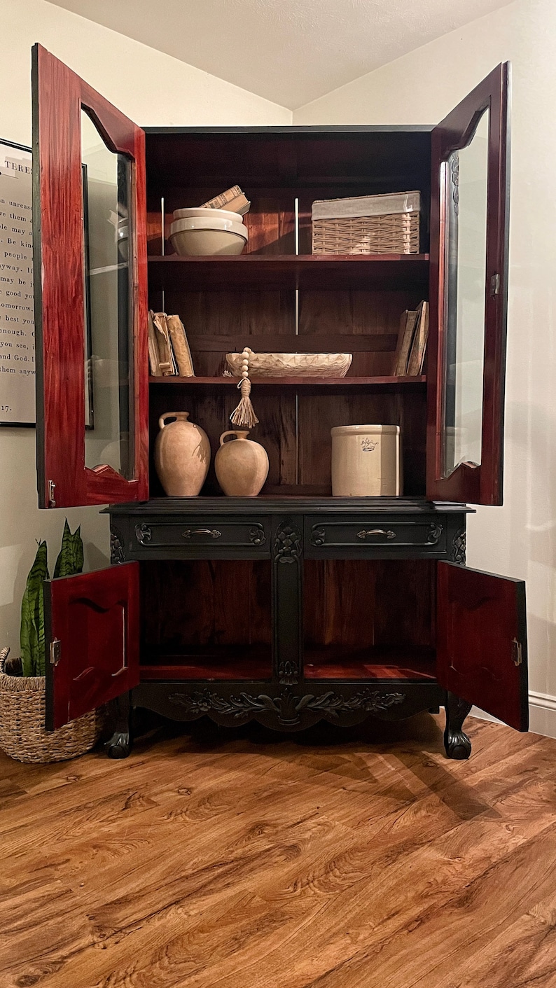SOLD OUT Black China Hutch With Glass Doors and Claw Etsy