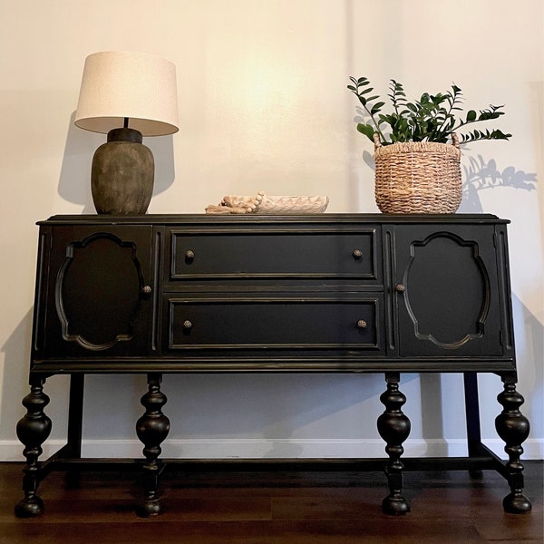 SOLD OUT |  Black Buffet. Antique Jacobean Sideboard. Distressed Server. Moody Goth. Vintage Dresser. Entryway Table. Dining. Accent