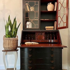 SOLD OUT | Black Secretary Desk with Key. Distressed China Cabinet. Dining Room Kitchen Hutch. Liquor Bar. Linen Storage. Entryway