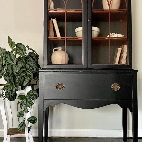 SOLD OUT | Black Hutch. Antique China Cabinet. Linen Closet. Liquor. Vintage Curio. Farmhouse. Bathroom. Dining. Goth. Modern. Accent