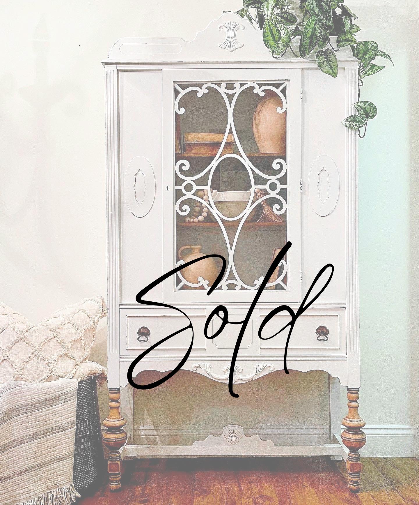 SOLD OUT | White Distressed Antique Jacobean Hutch. China Cabinet