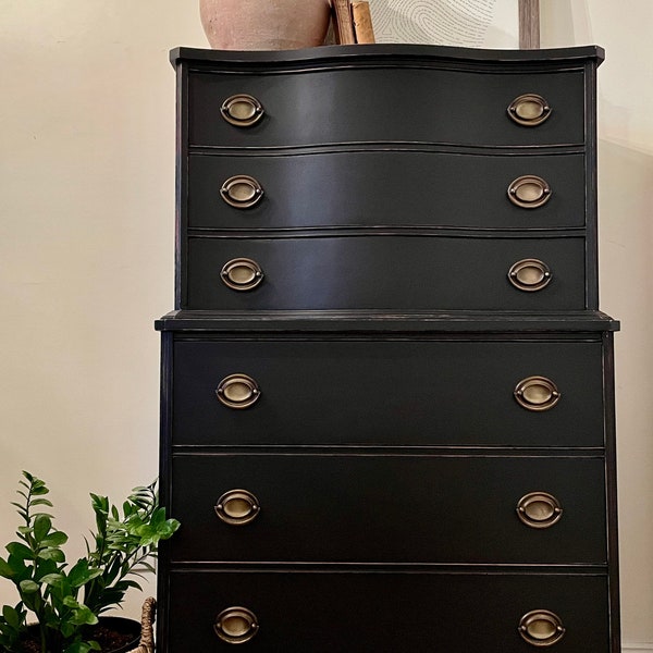 SOLD OUT | Tall Hepplewhite Dresser. Vintage Black Chest of Drawers. Distressed Antique Gentleman’s Chest. Bowfront Drawers. Bedroom