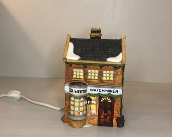 Dept 56: Geo Weeton Watchmaker- Dickens' Village Series; Department 56 - RETIRED, Vintage Christmas Lighted Porcelain House, Holiday Scene