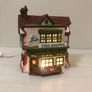 Dept 56: Mermaid Fish Shoppe- Dickens' Village Series; Department 56 - RETIRED, Vintage Christmas Village Lighted Porcelain House
