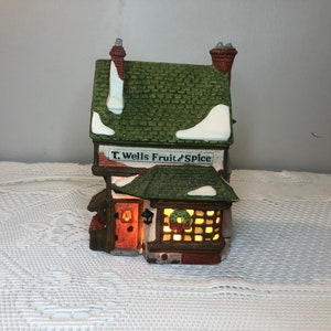 Dept 56: T. Wells Fruit and Spice Shop- Dickens&#39; Village Series; Department 56 - RETIRED, Christmas Village Porcelain House, Village Scene