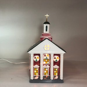 Dept 56: Colonial Church-Snow Village Series, Department 56 RETIRED; Vintage Christmas Village Lighted Ceramic House, Winter Christmas Scene