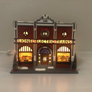 Lionel&#39;s Electric Train Shop; Snow Village Department 56 RETIRED, Vintage Lighted Christmas House, Vintage Christmas Village Scene Decor