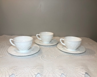 Set of 3 Vintage Indiana Glass Co. Milk Glass Cups and Saucers; Harvest Grape Pattern; Antique Milk Glass Kitchen Decor