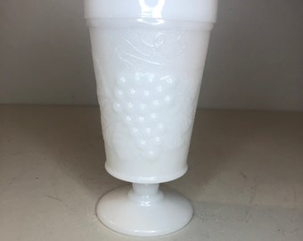 Vintage Anchor Hocking Milk Glass Footed Dish / Planter in Grape and Leaf Pattern