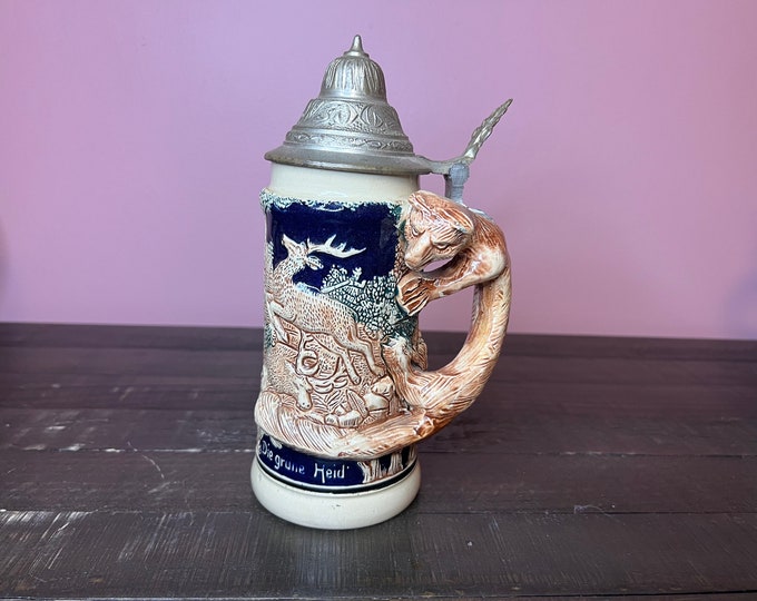 Vintage German Beer Stein With Fox Handle Forest Scene, Pewter Lid, and