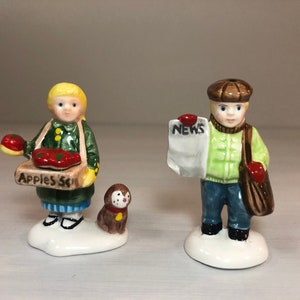 Dept 56- Girls Selling Apples and News Boy - Snow Village Department 56 RETIRED -Vintage Christmas Village Accessory - Holiday Village Decor
